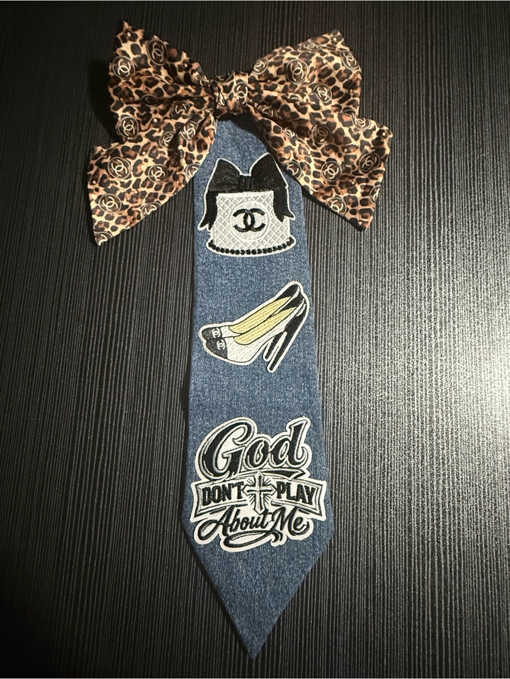 Leopard Bow Hair Tie with Blue Denim Patch Tie